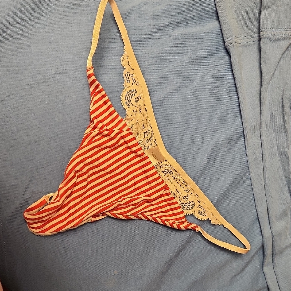 Striped Red and Cream Lace Trim Thong